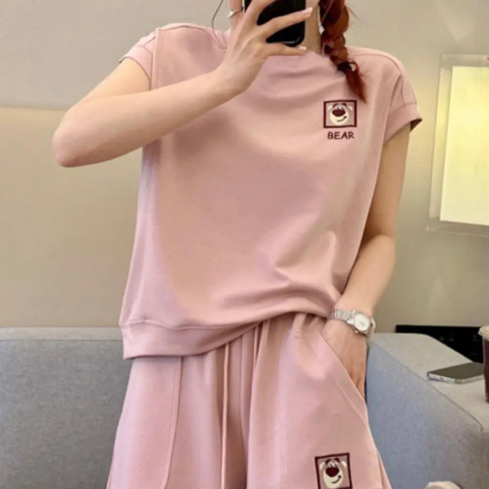 2 Pcs/Set Women Top Shorts Set Short Sleeves T-shirt Drawstring Elastic Waist Loose Above Knee Length Pants Set Casual Tracksuit