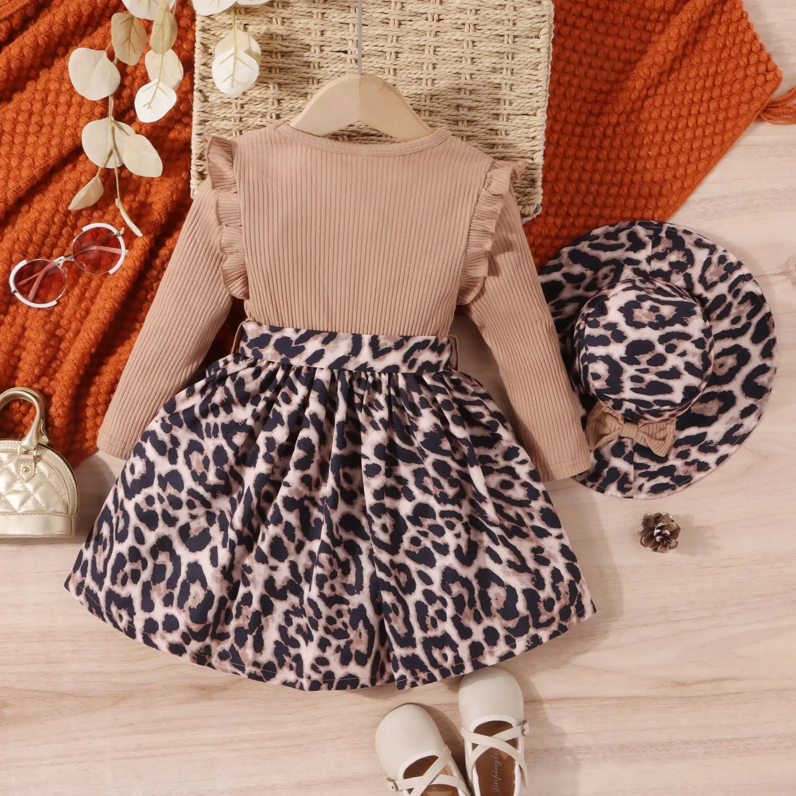 Girls Casual Dresses Europe America Autumn Winter New Coffee Color Flying Sleeve Leopard Print Round Collar Simple