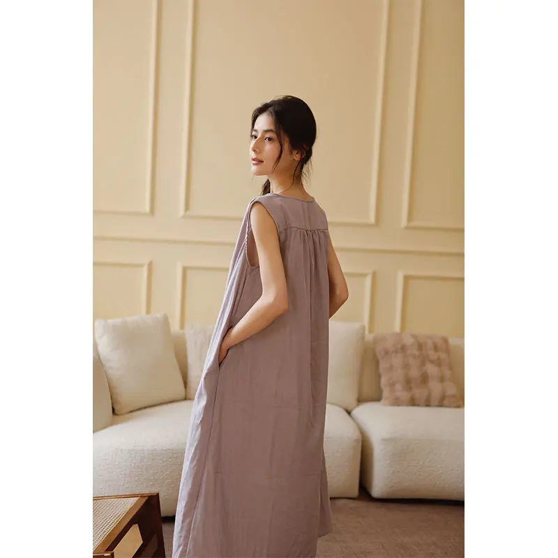 فستان سهرة قابل للتنفس بطبقة مزدوجة من القطن الشاش فستان منزلي نسائي صيفي بدون أكمام بلون سادة ملابس نوم طويلة غير رسمية