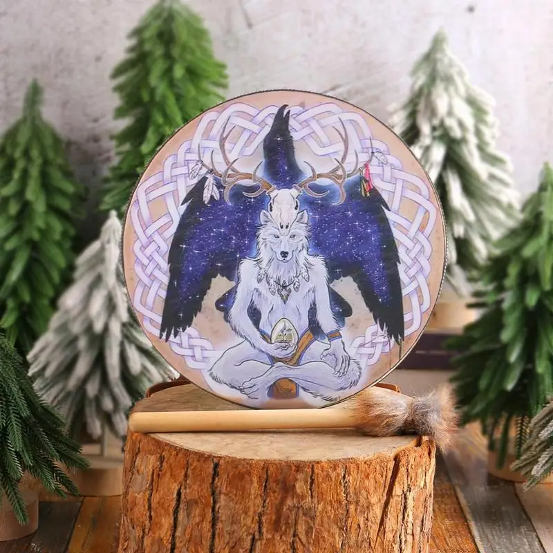 Shaman Drums For Adults 9Inch Sound Healer Shaman Drum Wolf Head Design Instrumental Shaman Authentic Siberian Drum For Spirit