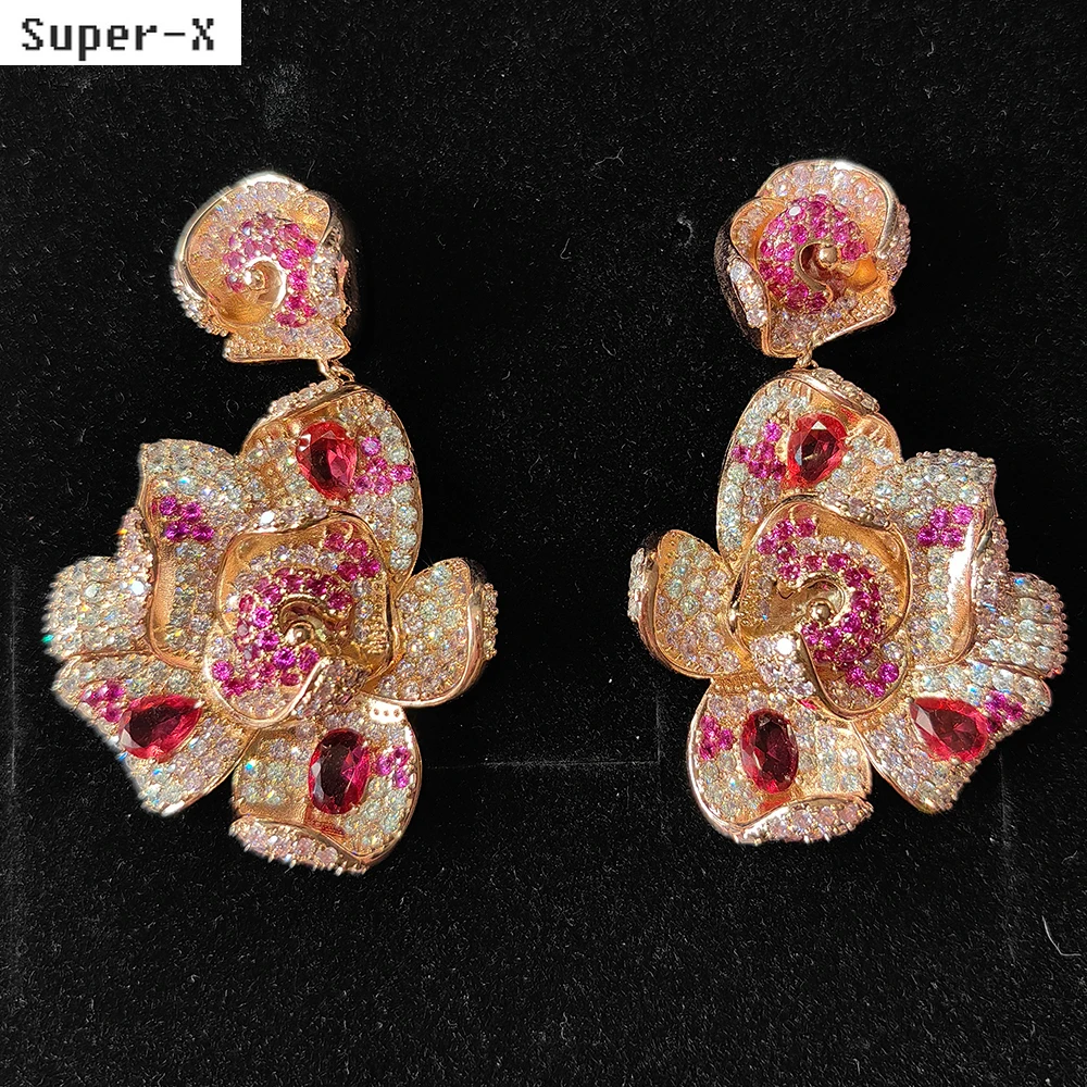 

Gorgeous large Flower Earrings Red Purple Blue Yellow Zircon Wedding Bride Earrings Luxury Jewelry Gown Dinner Party Anniversary