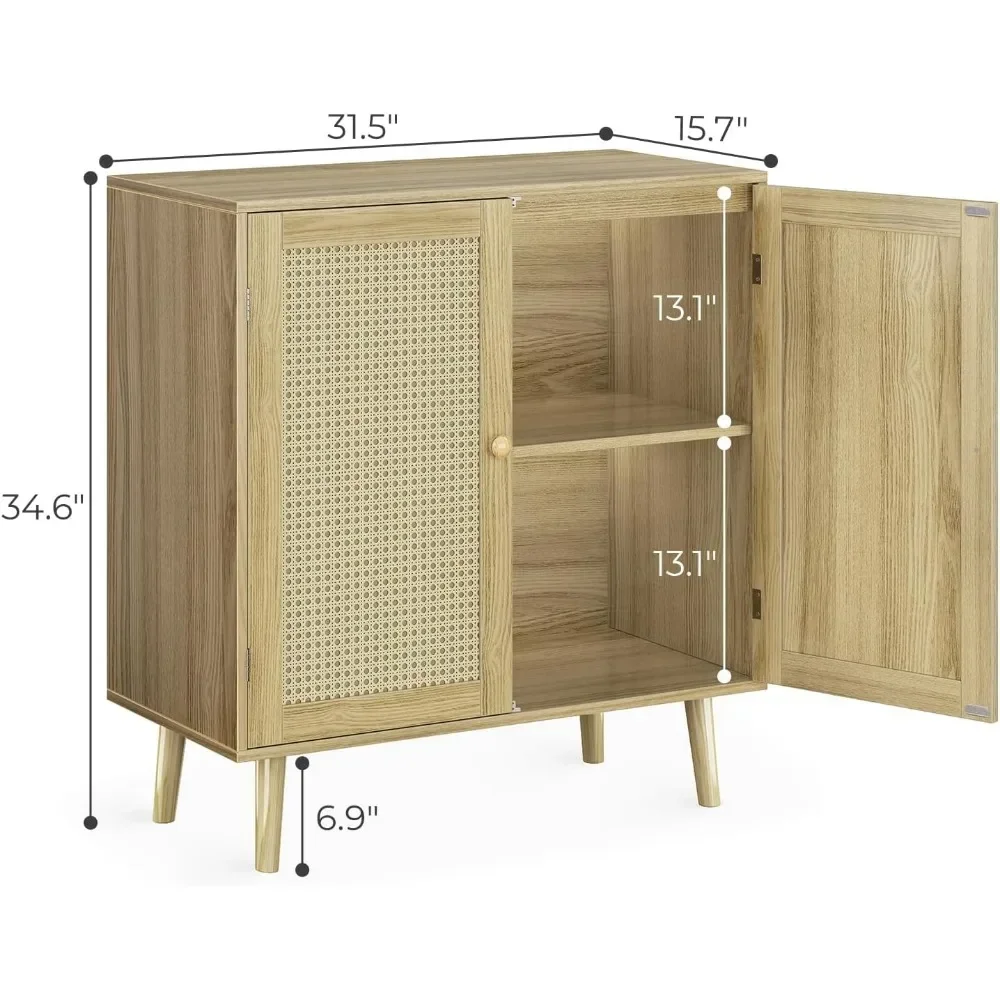 Armário de armazenamento com PE Rattan Decor Doors Accent Cabinet com pés de madeira maciça, Buffet Cabinet