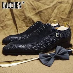 Luxury Men Oxford Shoes Lace up Split Toe Coffee Black Men Dress Shoes Suede Patchwork Crocodile print Leather Shoes Men