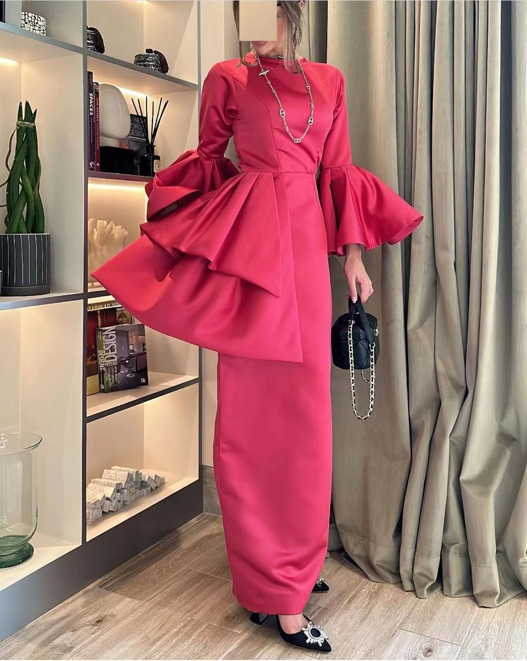 

AsaNagi Fuchsia Colour Satin Evening Dresses O Neck Flare-Sleeve Ankle-Length Mermaid Women Party Dress 2023 vestidos de fiesta