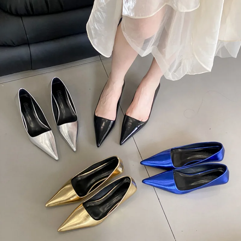 FHANCHU 2023 New Women Low Kitten Heel Single Shoes,Fashion Low Heels,Shallow Out Slip On,35-39,Black,Gold,Silver,Dropship