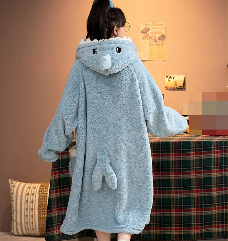 Winter Thicken Warm Nightgown For Women Shark Cosplay Hooded Nightdress Cartoon Pajamas Female Long Sleeve Flannel Robe Homewear