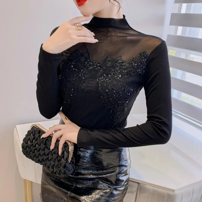 #4250 Black Turtleneck T Shirt Women Sexy Perspective Spliced Mesh Tight T-shirt Ladies With Sequins Embroidery Korean Style