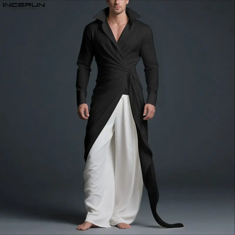 

INCERUN Men Irregular Shirt Solid Color Lapel Long Sleeve Pleated Men Clothing Streetwear Fashion Casual Long Style Shirts S-5XL