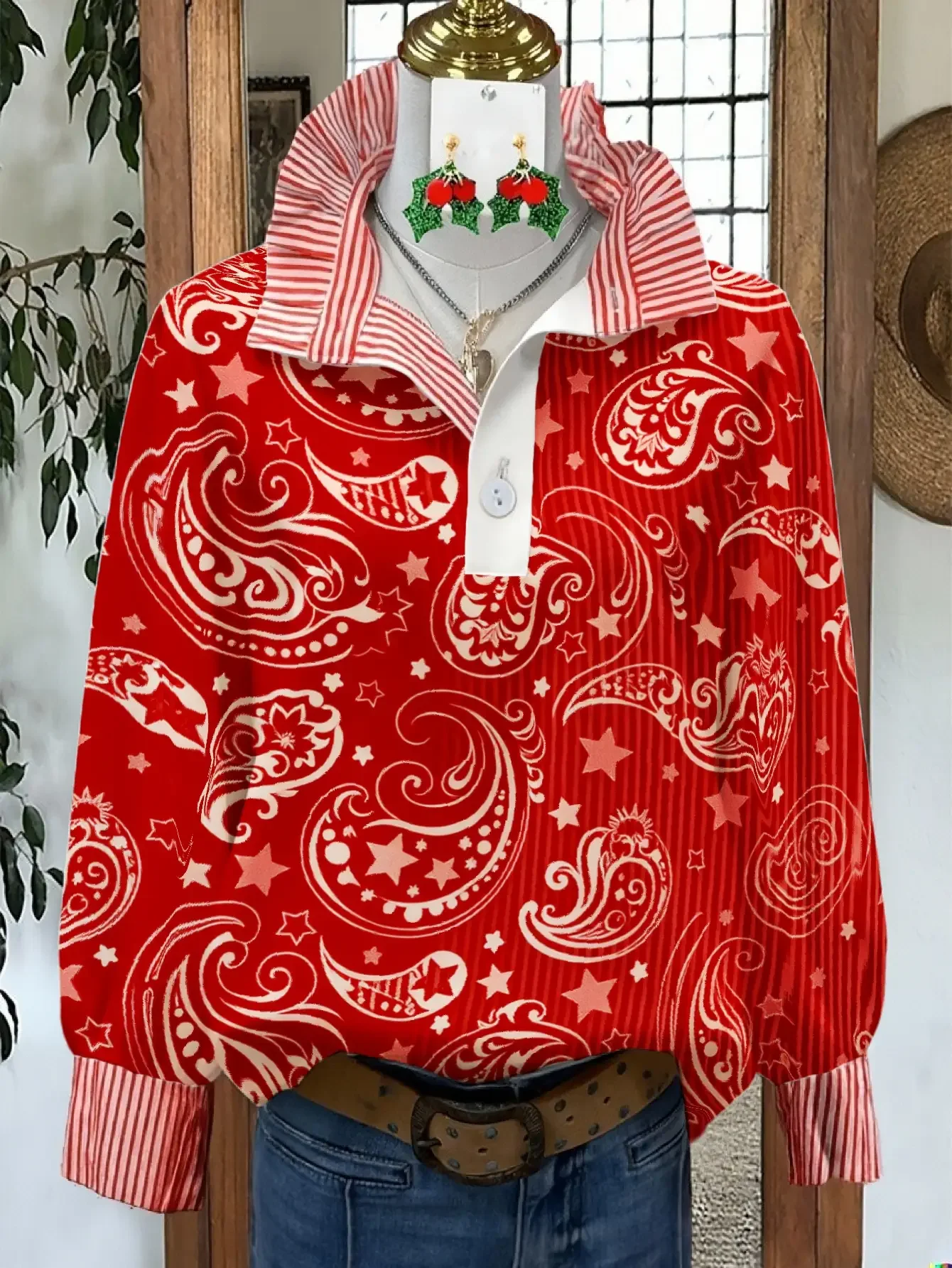 Women's striped retro fashion shirt with multi-color striped collar and half button shirt pattern, Cool golden hexagonal pattern