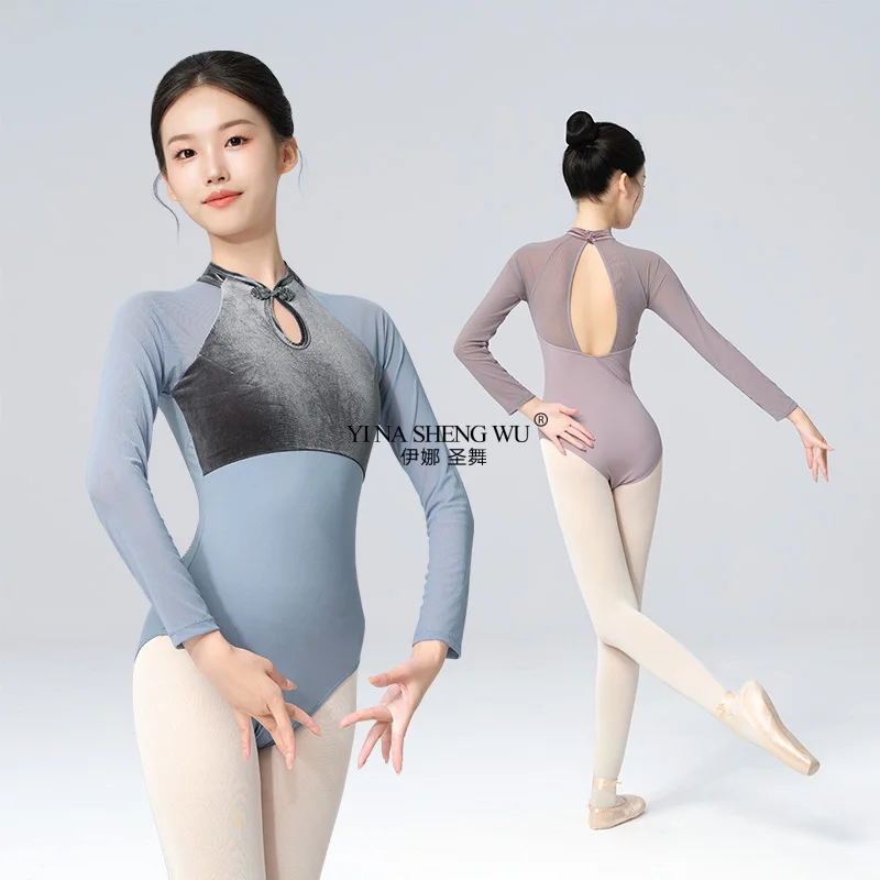 

Женские балетные трико в китайском стиле, гимнастические трико, бархатные балетные боди с длинными рукавами, нейлоновая спортивная одежда для танцев