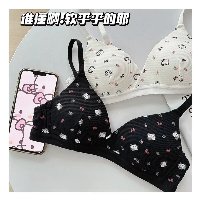 

Kawaii Hello Kitty Underwear Anime Sanrio Cute Girl Thin and Light No Rims Triangular Cup Thread Comfortable Student Bra New