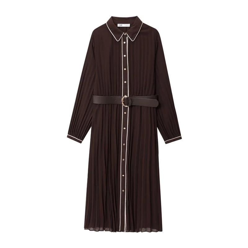 

Женское платье миди с поясом, цветной блок, длинный рукав, сложенные детали, полиэфирное волокно, повседневный шикарный уличный стиль для работы, поездок на работу