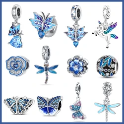 New 925 Sterling Silver Blue Murano Bead Pansy Flower Dangle Charm Fit Original Brand Bracelet And Necklace 925 Jewelry Gift