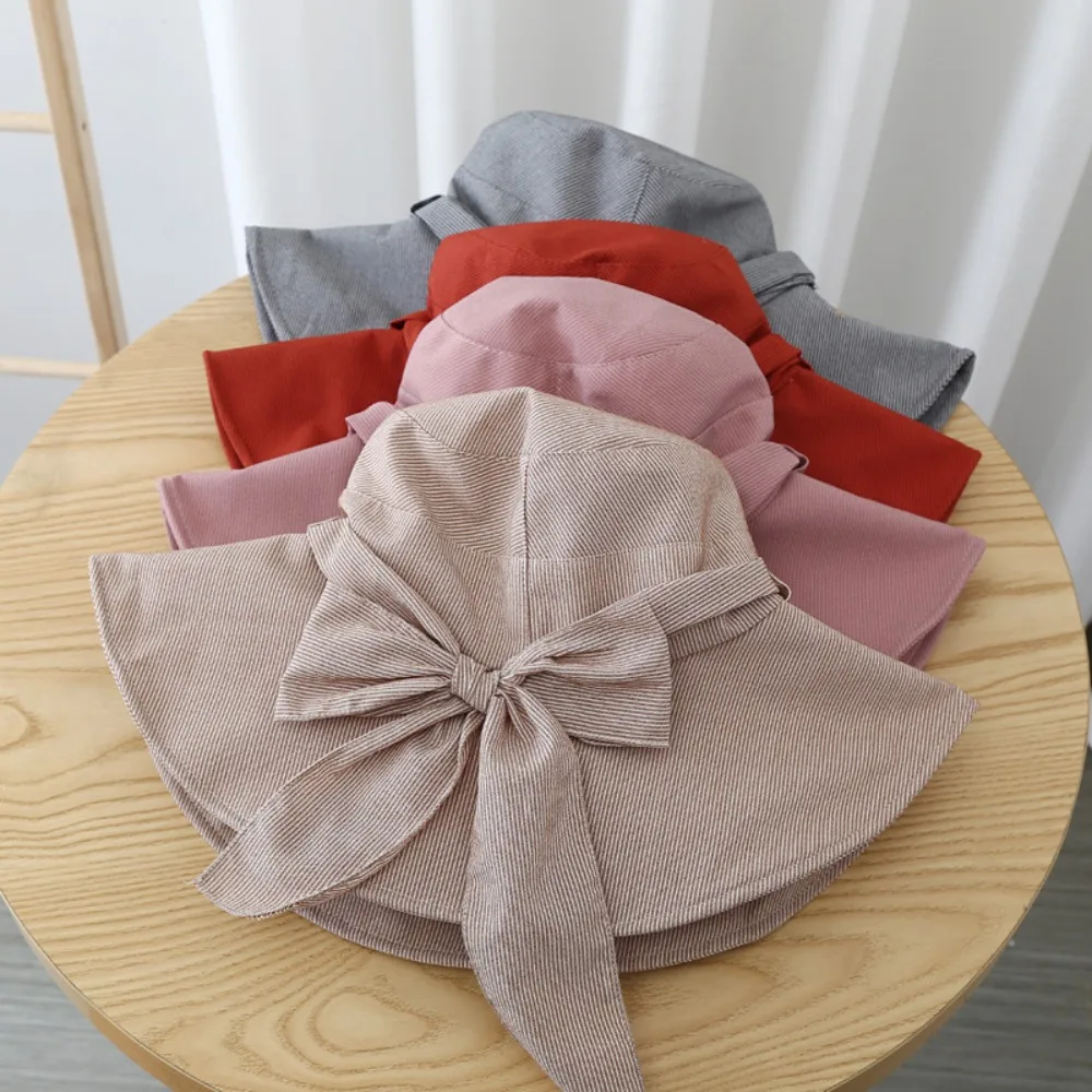 Portable Wide Brimmed Women's Sun Hat Casual with Bowknot Sunscreen Visor Cap Foldable Soft Bucket Hat Vacation