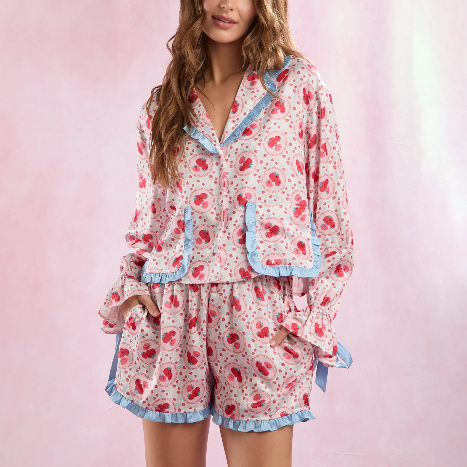 Women Valentine's Day Sleepwear Strawberries Printed Lounge Pants Set Satin Frill Blouse Shirt Tops + Shorts 2 Piece Pajamas