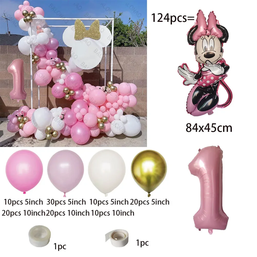 124pcs Pink Minnie Mouse Foil Balloon Garland Kit Rose Red Balloons Girls Birthday Party Decorations Baby Shower Globos Supplies