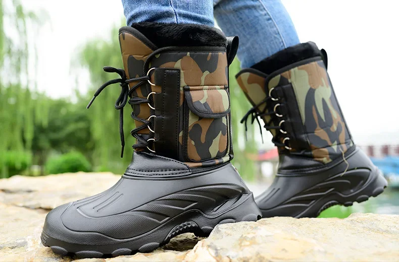 

Rain Boots Camouflage Snow Men Boots Rain Shoe Outdoor Waterproof with Fur Plush Warm Male Casual Mid-Calf Work Motorcycle Boots