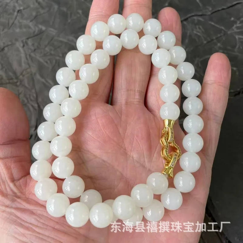 Hetian Russian Old Material Necklace Collarbone Chain Natural Jadeite White Jade Round Bead Strin