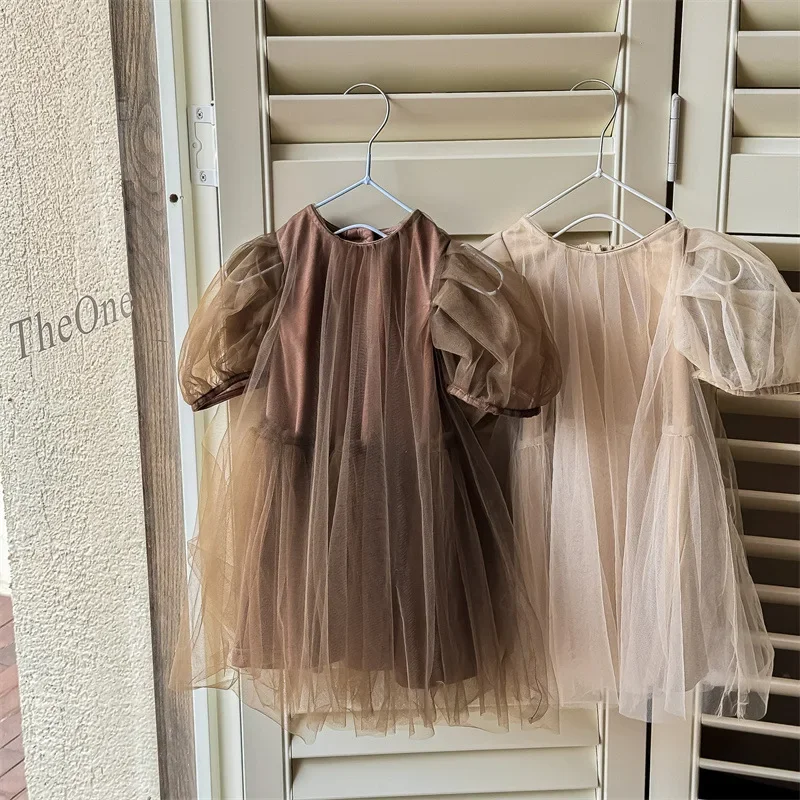 Summer New Kids Dresses Children\'s Clothing Korean Version Girls Yarn Princess Dress Solid Color Bubble Sleeves Dress