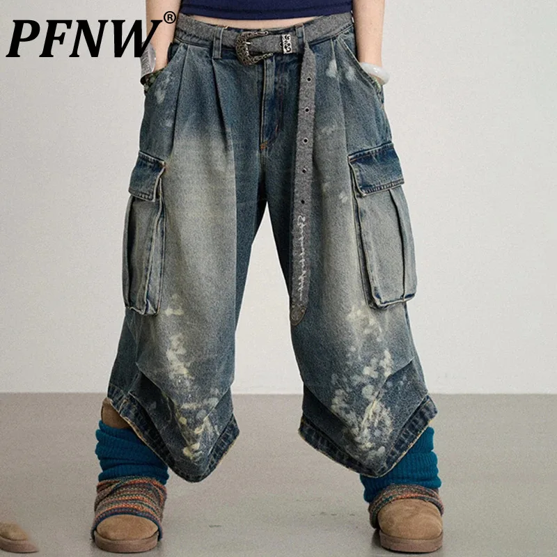 

PFNW Splashed Ink Cargo Denim Shorts Male High Street Pleated Large Pocket Loose Wide Leg Cropped Jeans Autumn Chic New 28W4051