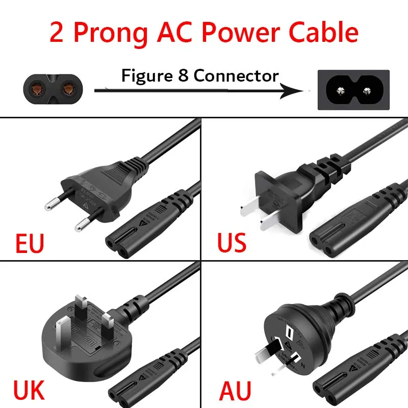 

1.5m AC Power Cable EU US AU UK To Type 8 Connector Wire 2 Prong Figure 8 Plug AC Electrical Line For Printer Lamps LCD Display