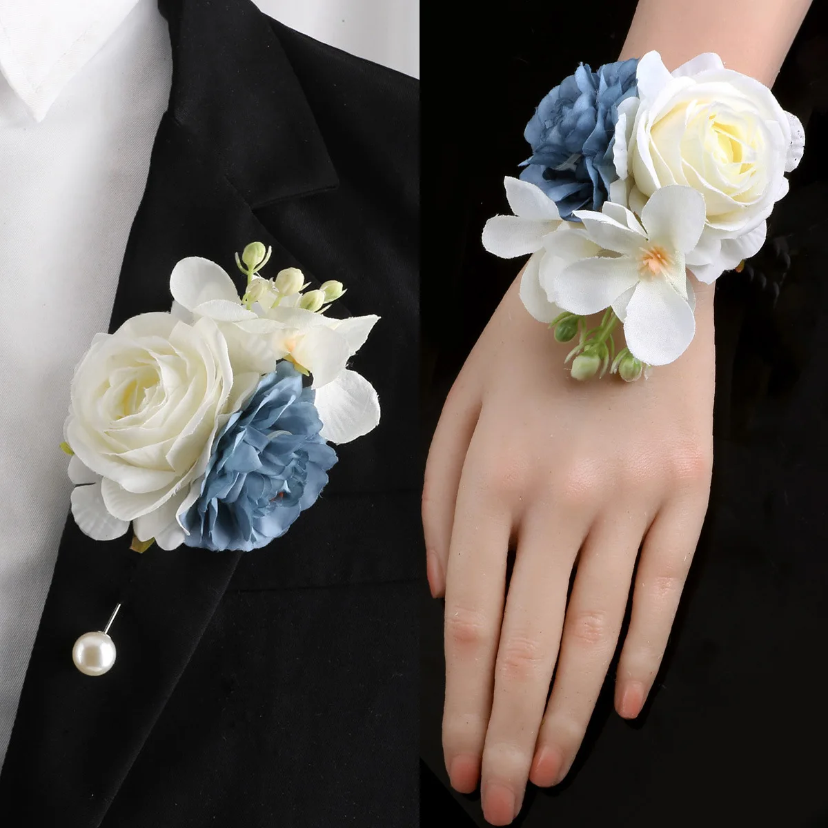 

YeeNanee 6pcs Blue Corsage Boutonniere Set for Bride Groom Bridesmaid Rustic Wedding Homecoming Flower Men Prom Suit Accessories