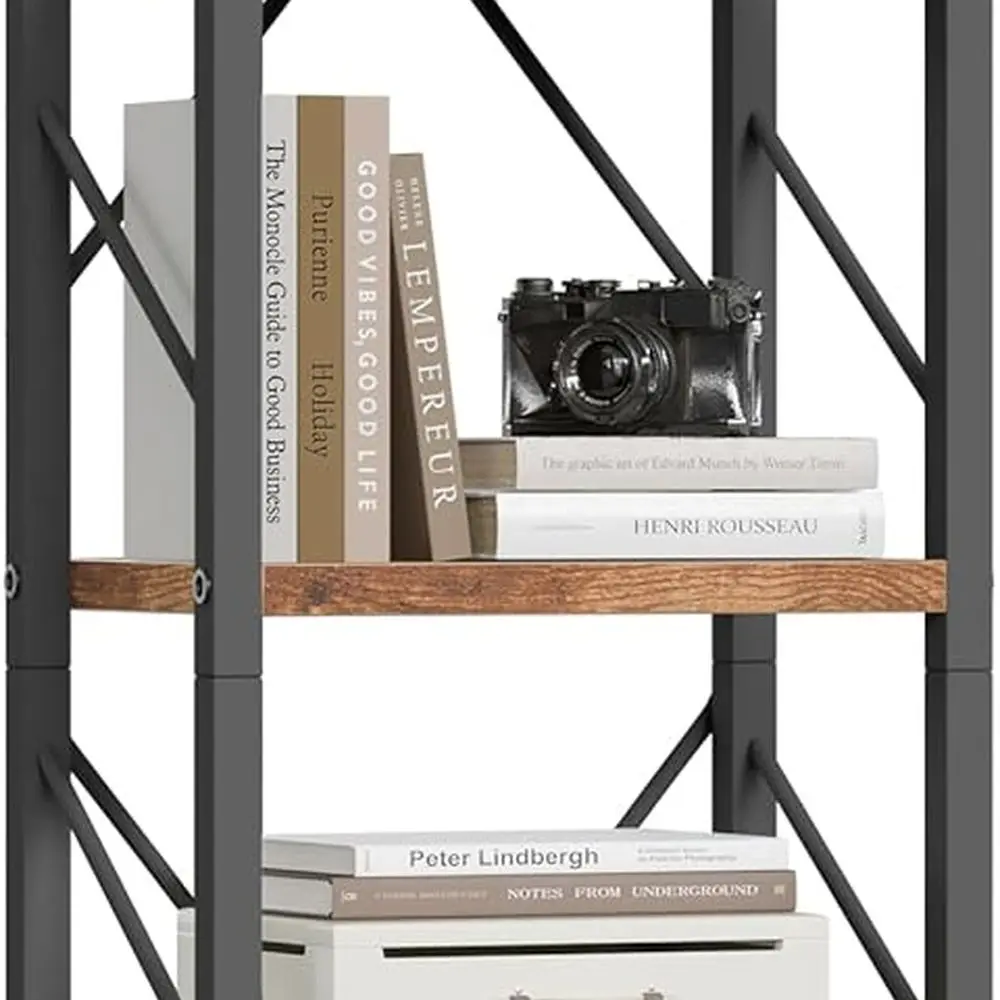 

5-уровневая высокая промышленная книжная полка с ящиком — шкаф для хранения из коричневого дерева и металла в деревенском стиле для дома