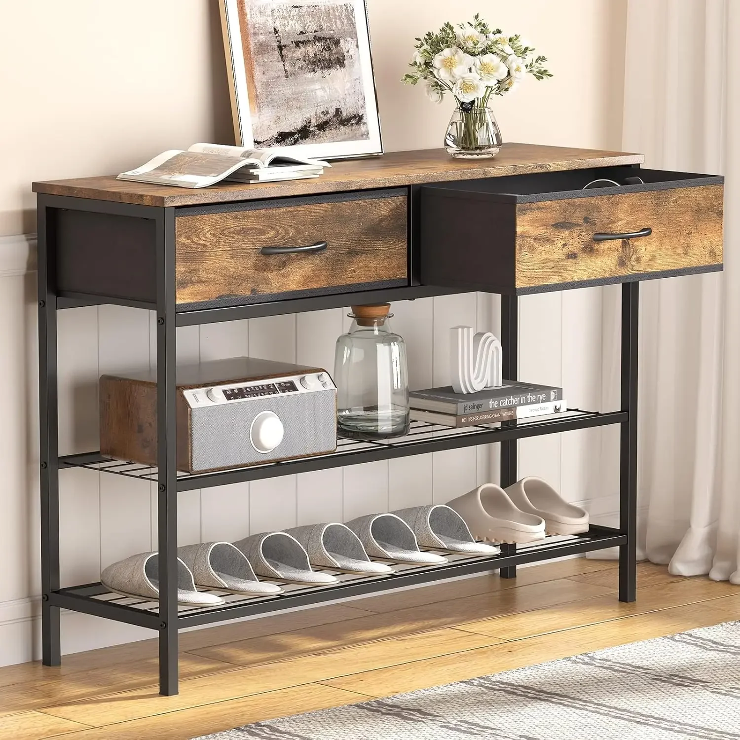 

39.4” Console Entryway Table with 2 Fabric Drawers,3-Tier Industrial Sofa Table with Storage Shelves for Hallway, Living Room