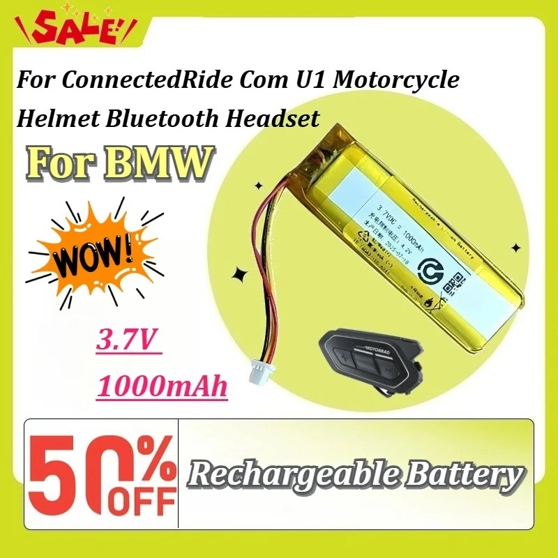 3.7V 1000mAh Rechargeable Li-Polymer Battery for BMW ConnectedRide Com U1 Motorcycle Helmet Bluetooth Headset Replacement Cell