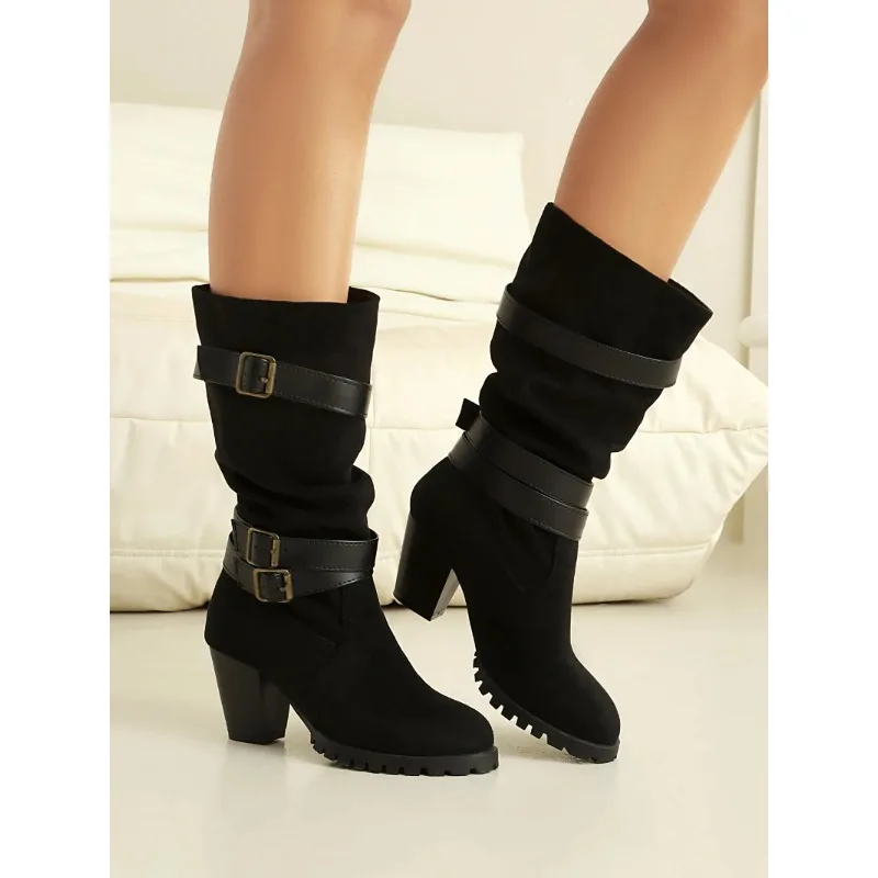 

Осень-зима 2022, новые женские ботинки большого размера на каблуке 6,5 см с боковой молнией и низкой трубкой, складывающиеся ботинки с двойной пряжкой