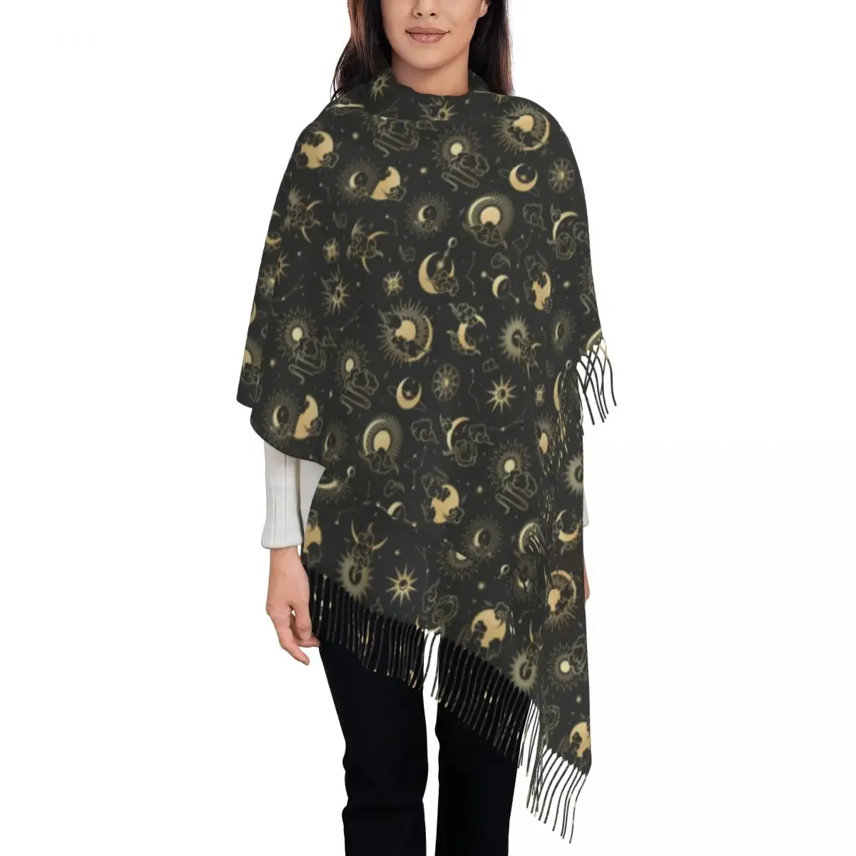 Gold Moon Sun Scarf with Tassel Astrology Art Keep Warm Shawls and Wrap Female Headwear Scarves Autumn Casual Bufanda