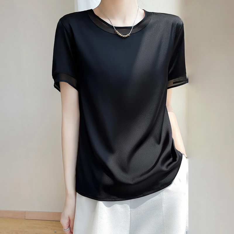 Summer New Ladies Silk Round Neck Gauze Short Sleeve T-shirt Fashion Color Matching Acetic Acid Loose Pullover