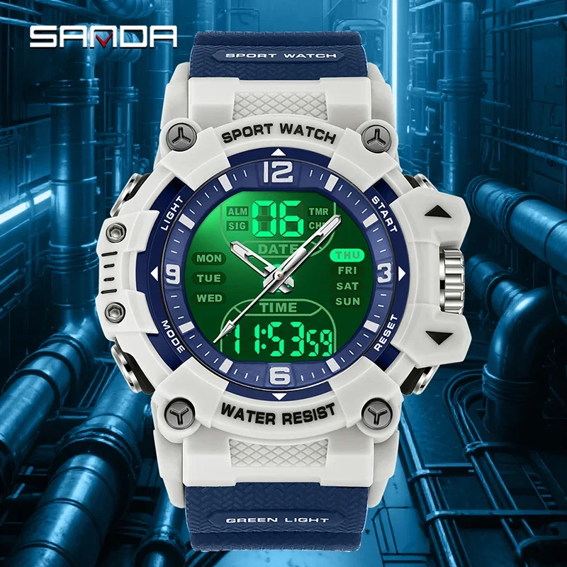 SANDA LED Waterproof  Digital Clock Dual Display Men's Watches Sports Watch Military Man Alarm Stopwatch Quartz Wristwatch Male