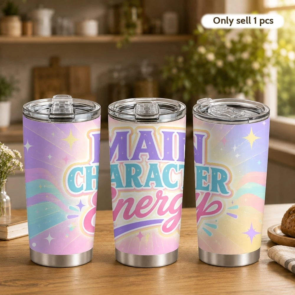 Gobelet isotherme double paroi durable 20oz Rainbow Main Character Energy avec 2 couvercles et paille pour café chaud ou glacé