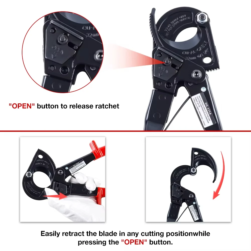 Obcinak do kabli z grzechotką 1-1/4\" Zakres cięcia 0-240mm² 32mm Nadaje się do cięcia pojedynczych, wielożyłowych kabli miedzianych i aluminiowych