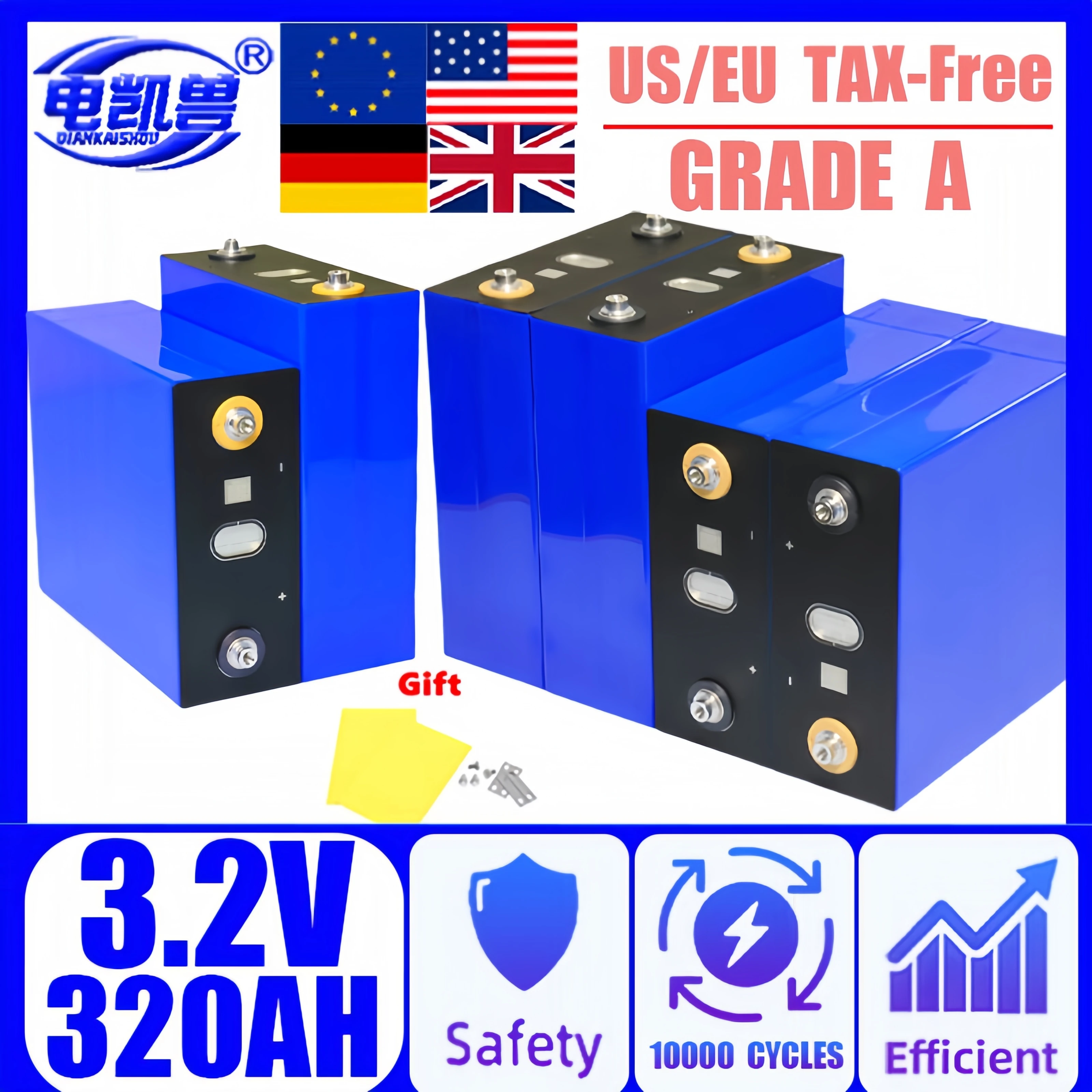 

3.2V 320AH Grade A Lifepo4 Rechargeable Battery 10000 Cycles 24V 48V battery RV EV pack Golf solar energy camping duty-free