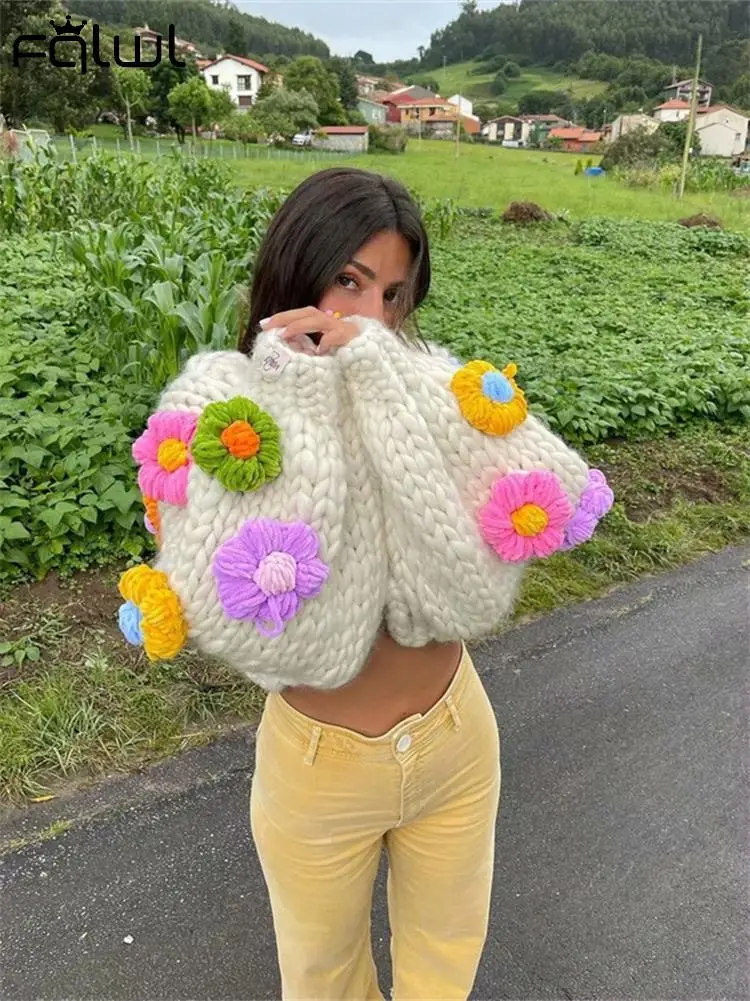 Habbris Flower Crochet Sweater Casual Outfit For Women 2023 Fall Winter Cardigan Sweater Fashion Ins Thickening For Warmth Coat