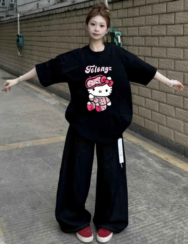 

Korean Simple and Sweet Cartoon Kt Cat Print Short-sleeved T-shirt Women's 2025 Summer New Super Good-looking Versatile Top