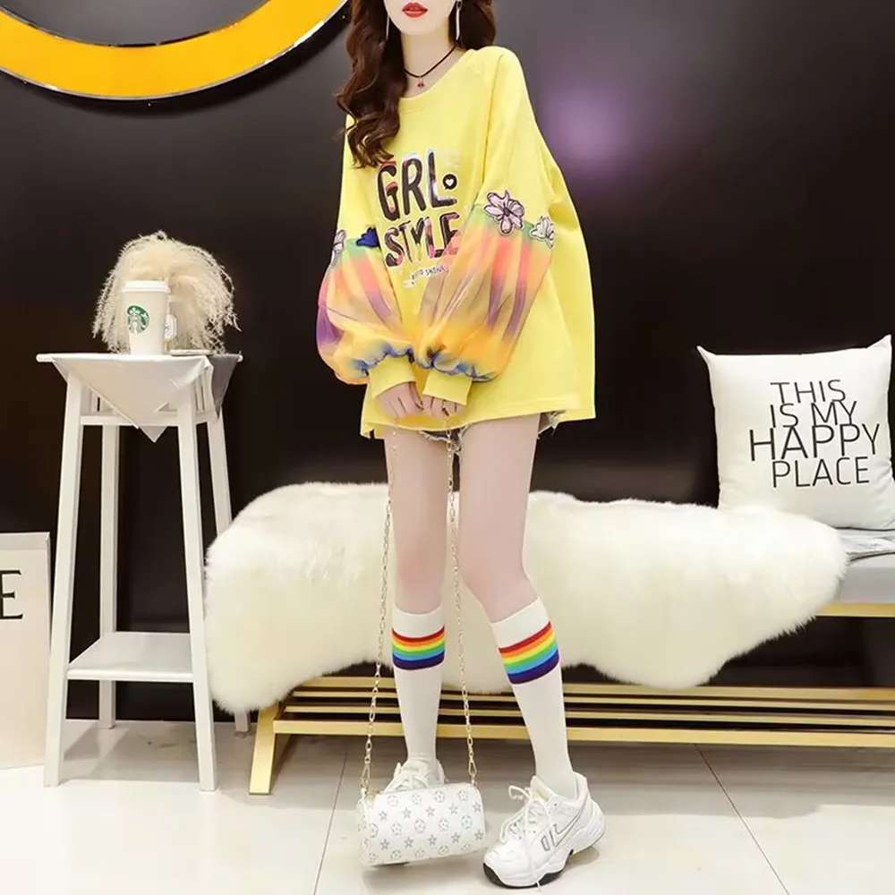 Oversized Women Hoodies Rainbow Gauze Puffy Sleeve Sweatshirt Korean Style Autumn Long Sleeve Hooded Female Pullovers Tops