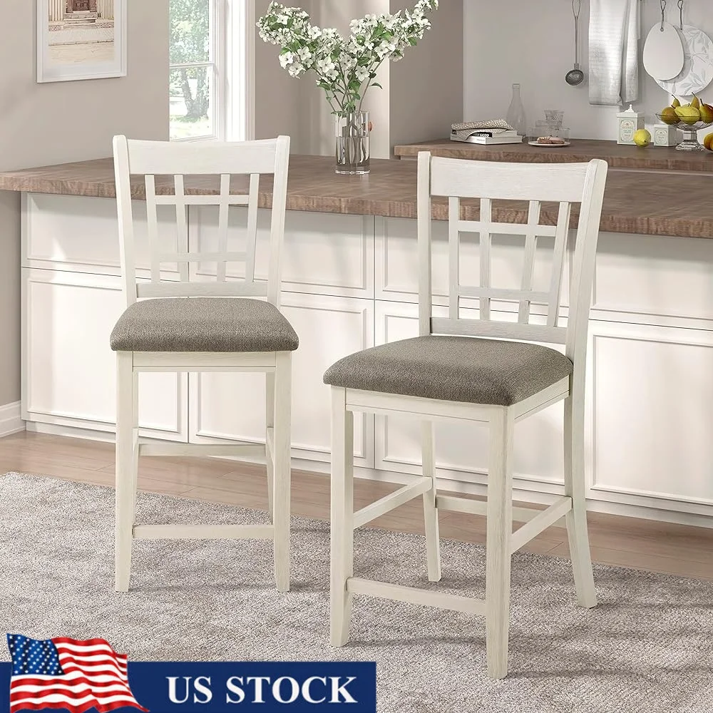 

Rustic Counter Stool Set of 2 Upholstered Seat Antique White Wood Frame Brown Fabric Slat Back Design