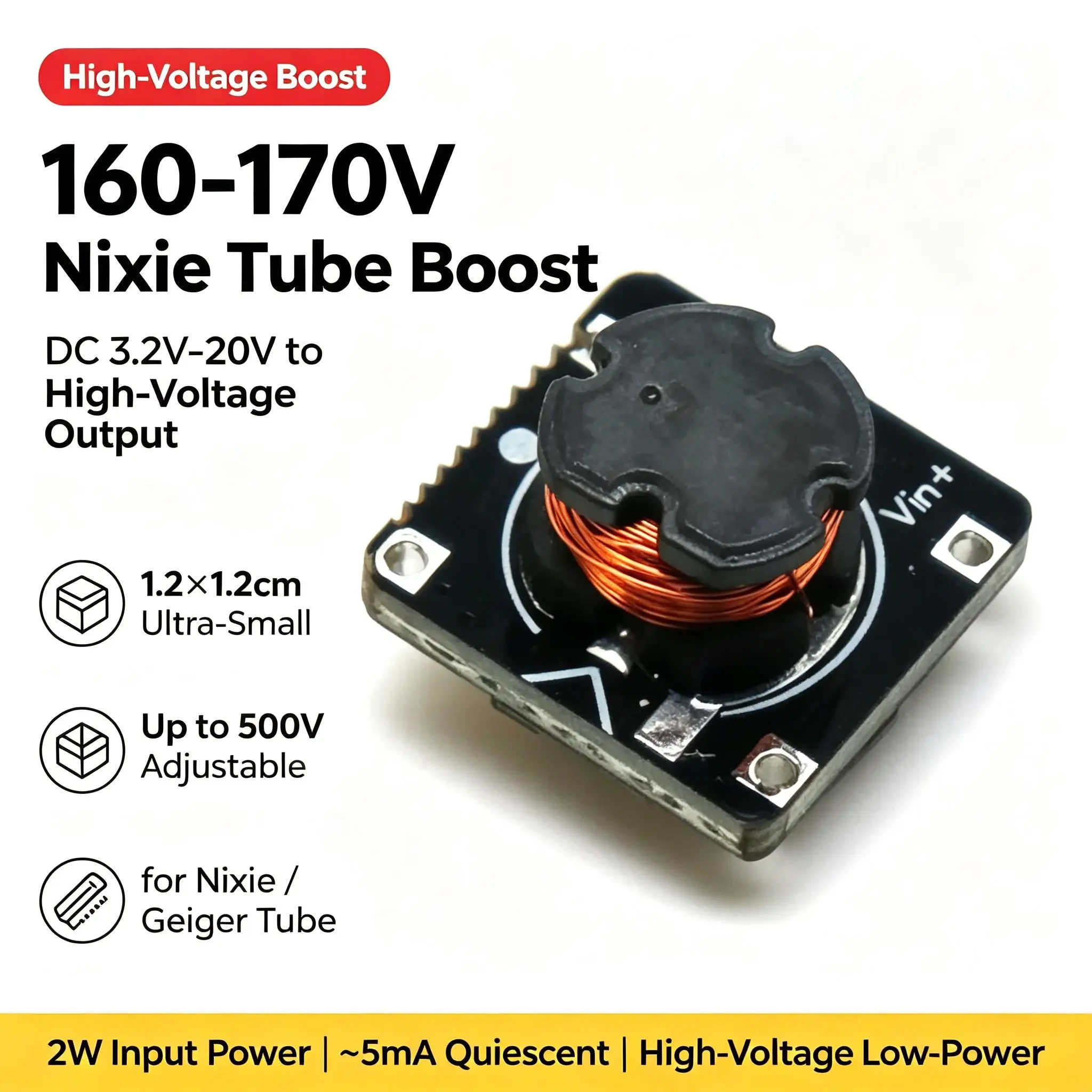 DYKB 160-170V DC Miniature Nixie Tube Boost Converter 1.2x1.2cm 3.3-20V Input High Voltage Step-Up Module Adjustable 500V Bias