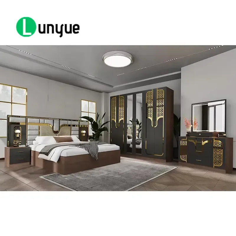 Modern Luxury Wooden Complete Bedroom Furniture Set with King Size Bed MDF Lighted Headboard Wardrobe Dressing Bedside Tables
