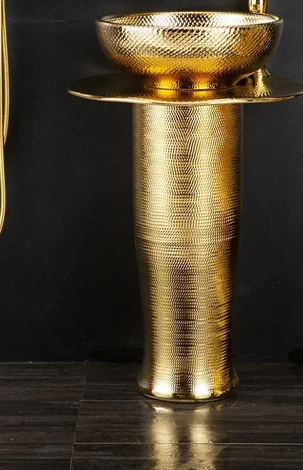 European style gold pillar style washbasin with gold plating standing pillar basin for hotel and home use