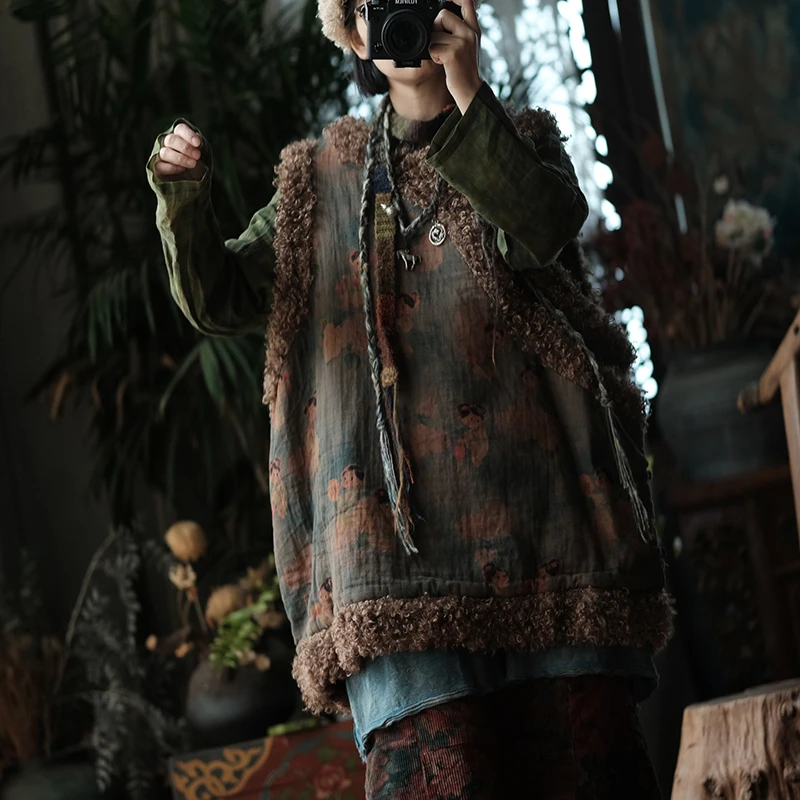 

Женский повседневный жилет в китайском стиле, новинка 2025 года, зимние винтажные свободные женские пуловеры без рукавов с v-образным вырезом и мультяшным принтом M2210