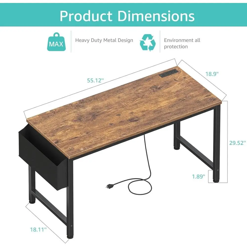 Brown 55 Study & Home Office Desk with Built-In Power Outlets for Computer Workstations