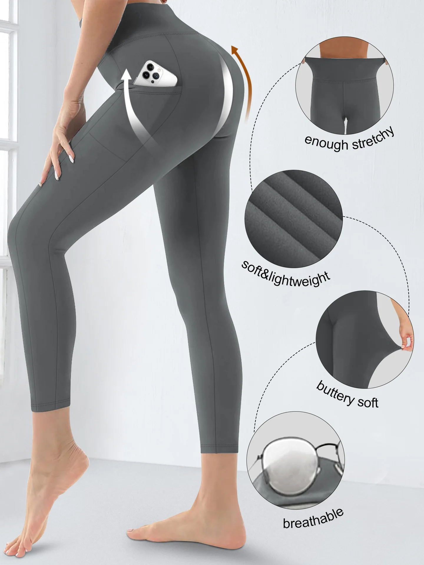 Damen-Yogahose mit hoher Taille, Übergröße, Po-Lifting-Workout-Leggings mit Taschen, elastische Activewear für Fitnessstudio und Laufen – Detail 16