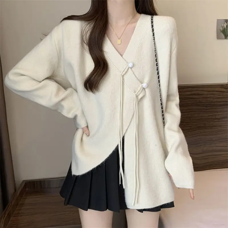 

V-Neck Irregular Knitted Cardigan Casual Loose Autumn And Winter New Women'S Solid Color New Chinese Button Sweater