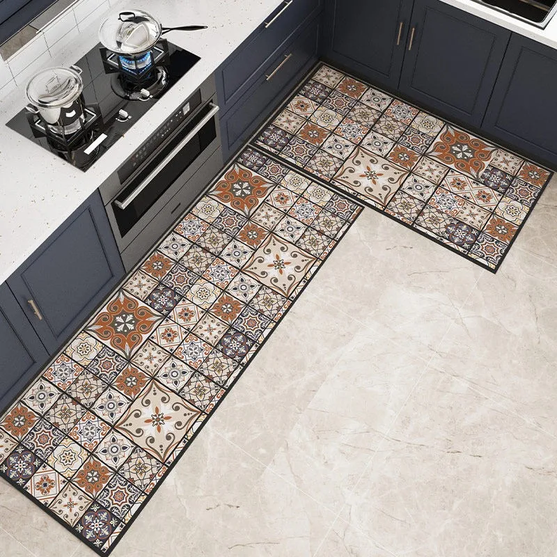 Bohemian Plaid Kitchen Floor Mat Non-slip Rug Light Luxury Home Decoration Carpet PVC Leather Washable Mats Alfombras De Cocina