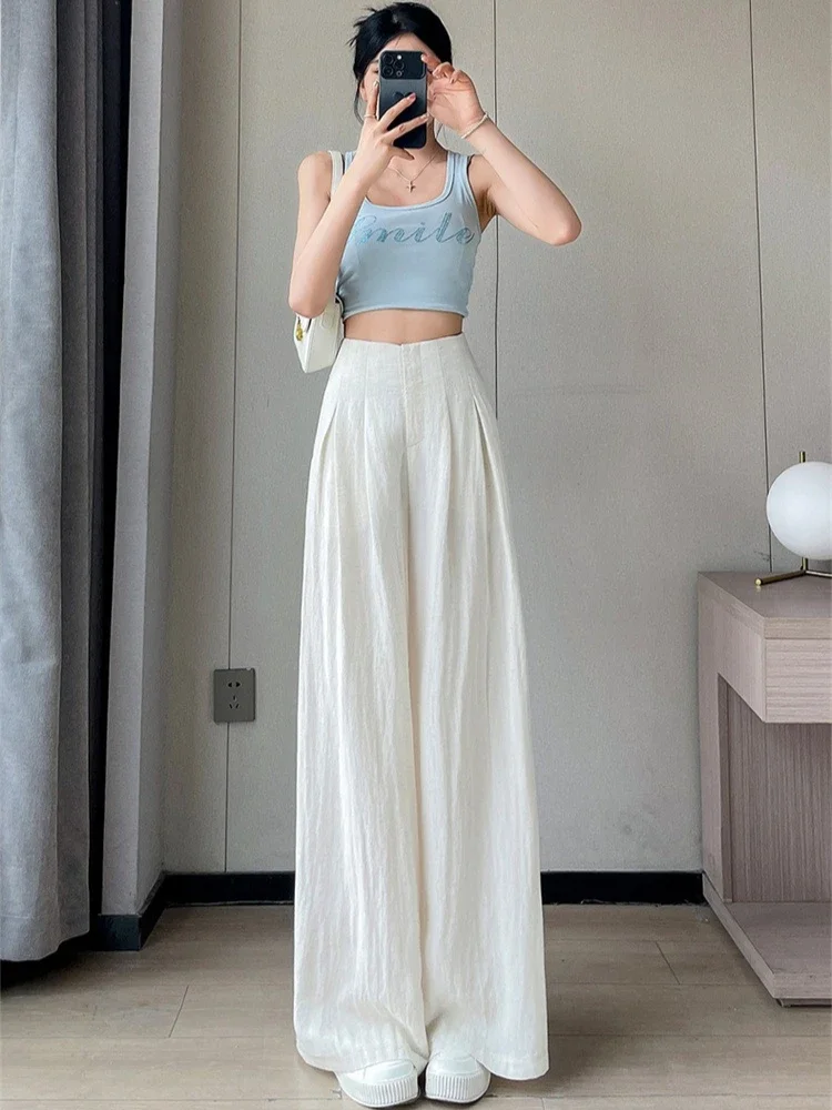 Pantaloni casual versatili da donna Pantaloni a gamba larga in lino a vita alta Pantaloni casual Yamamoto in lino di cotone di seta ghiacciata nuovo stile estivo