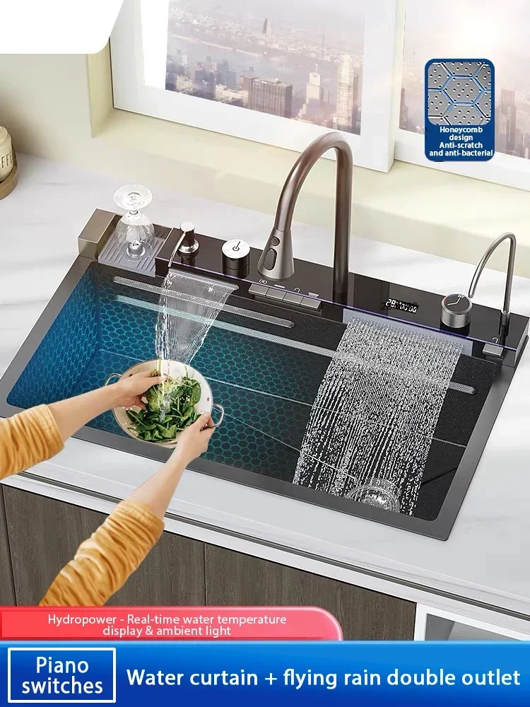 

304 Stainless Steel Waterfall Kitchen Sink Large Single Slot Integrated Digital Display Faucet Set Soap Dispenser Cup Washer